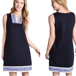 JUDE CONNALLY CARISSA PONTE SHIFT DRESS IN DARK NAVY MOD BORDER MEDIUM